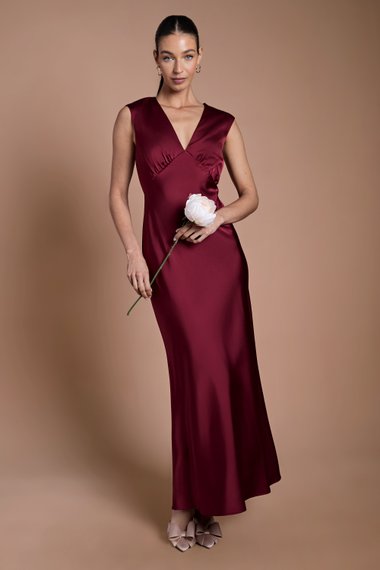 Wine Satin Open Back Detail Maxi Bridesmaid Dress