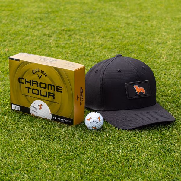Chrome Tour Golf Balls and Golden Retriever Hat