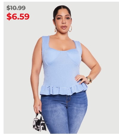 Shop Plus Size Sleeveless Rib Knit Ruffle Hem Top