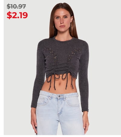 Shop Rib Knit Shadow Stripe Lace Up Crop Top