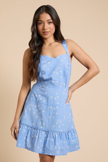 Petite Spot Lace Trim Tiered Printed Mini Dress