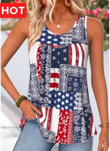 American Flag Navy Tribal Print Curved Hem Tank Top