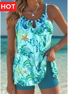 Tummy Coverage Cyan Marine Life Print Tankini Set