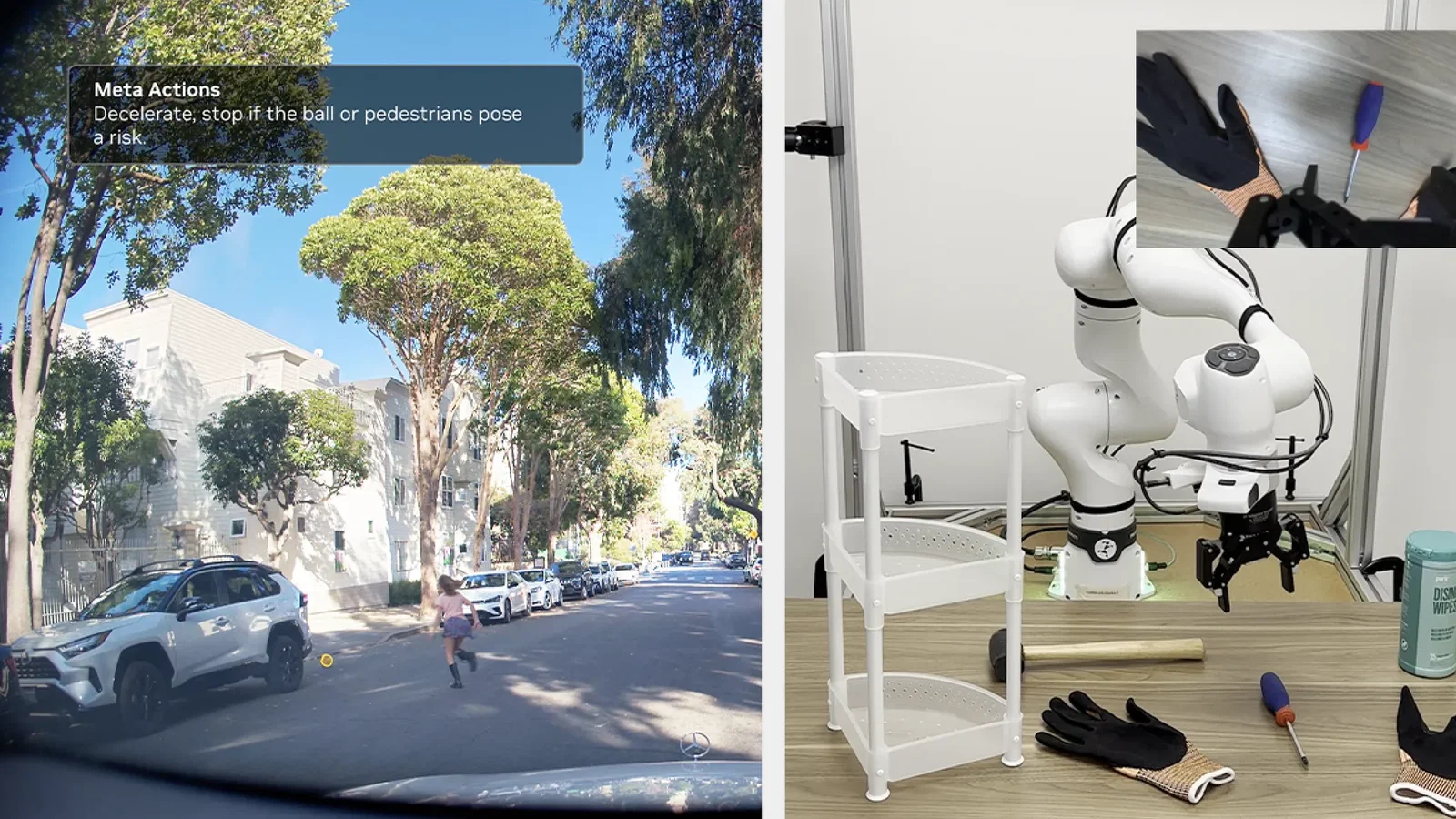 Two images from Nvidia's Cosmos 3 video, one of an autonomous car and a pedestrian and the other of a robot