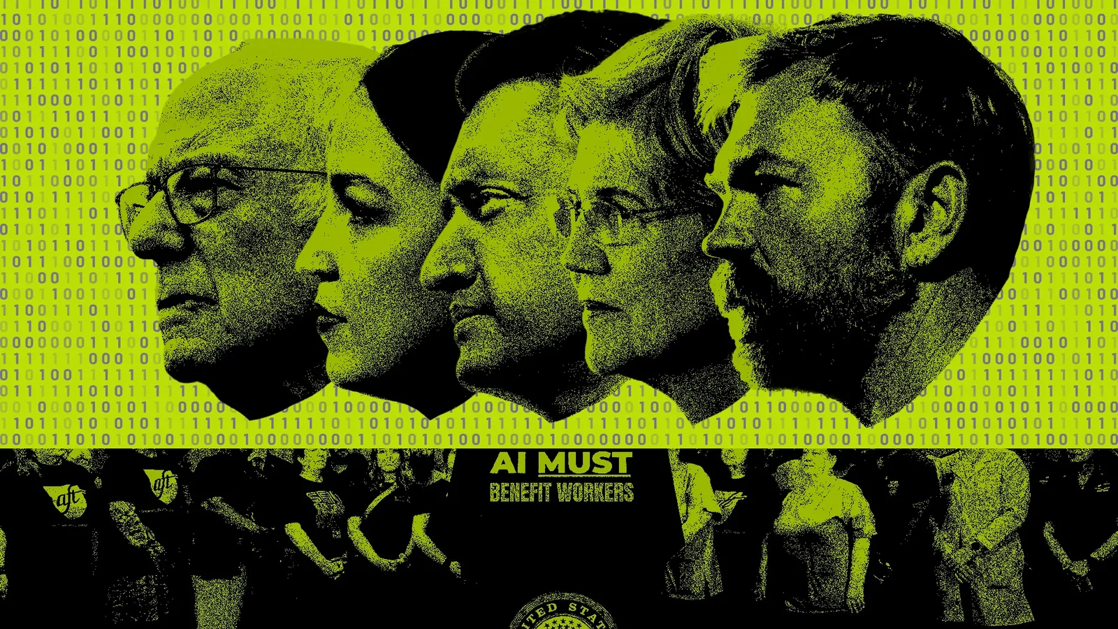 Photo illustrated collage of Bernie Sanders, AOC, Ro Khanna, Elizabeth Warren and Graham Platner stylized over a group of people standing behind a sign that reads 