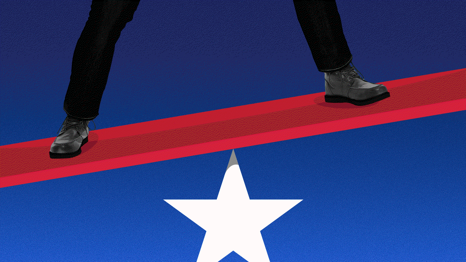 Animated illustration of a person balancing on a red bar that is precariously placed on a white star, all on a blue background. 