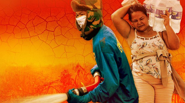 A montage graphic shows a man holding a water hose while wearing protective clothing and a mask. There is also a woman carrying a multipack of water bottles on her shoulder. The background, which shows dried, cracked earth and brush on fire, is recoloured in red and orange.