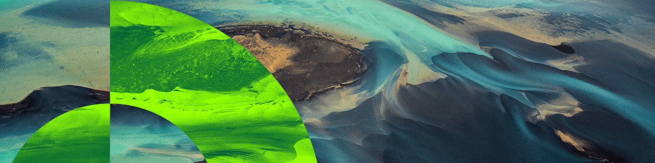 An aerial image of a desert with turquoise gradient and a green circular design transposed over it.