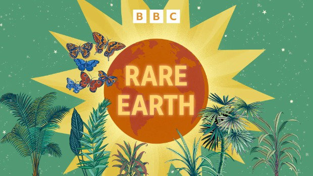 An orange Earth sits in the centre of a yellow sunburst-shape. Rare Earth is written in yellow text over this. There are green ferns and tropical plants coming from the bottom of the image, and there are six multi-coloured butterflies flying. The background is green with small white stars.