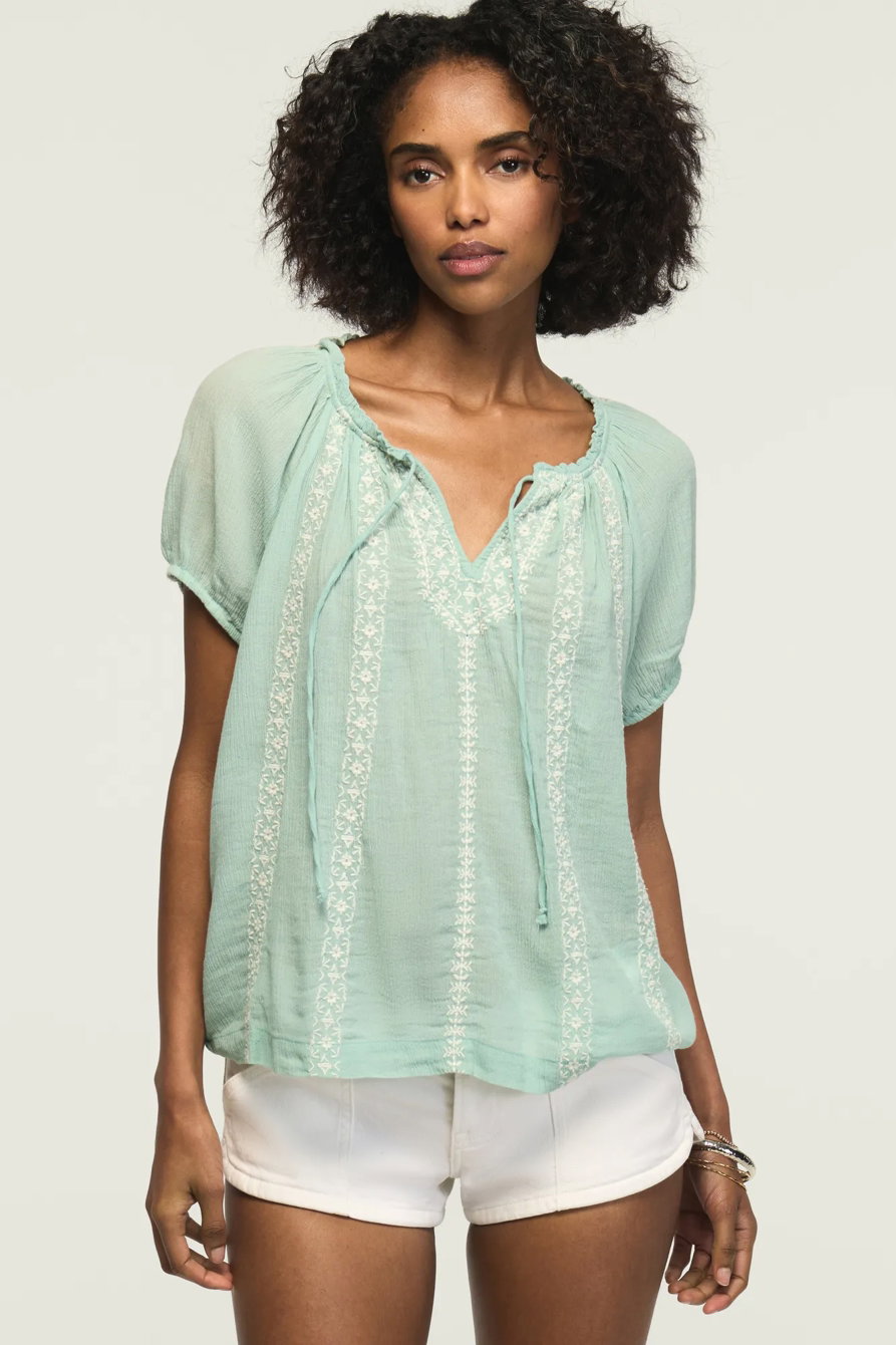Image of Lucky Brand Contrast Embroidered Short Sleeve Peasant Top - Women's Clothing Peasant Tops Shirts in Blue Surf