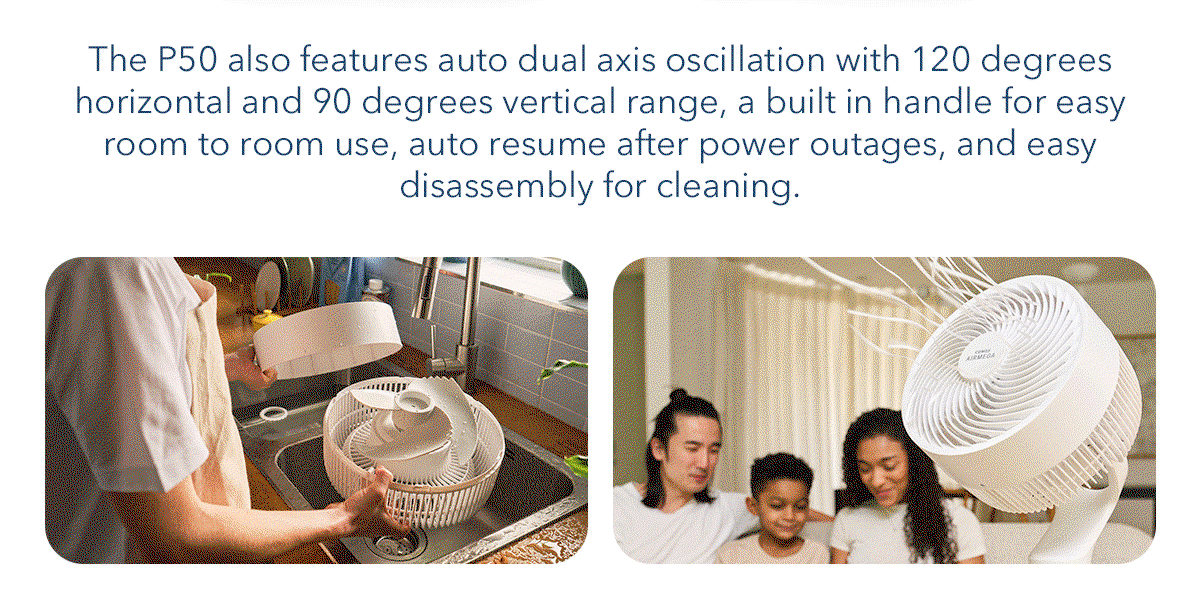 The P50 also features auto dual axis oscillation with 120 degrees horizontal and 90 degrees vertical range, a built in handle for easy room to room use, auto resume after power outages, and easy disassembly for cleaning.