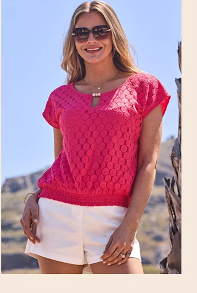 Coral Crochet Shirred Hem Keyhole Detail Top