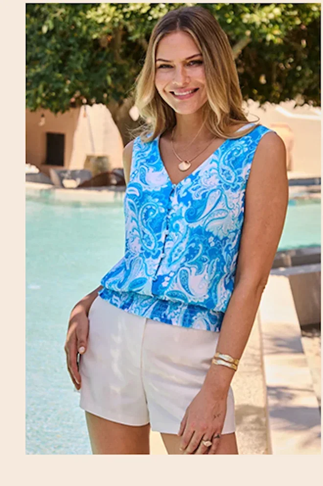 Blue Paisley Print Button Detail Shirred Hem Top
