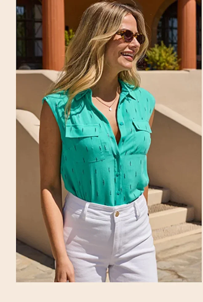 Green Fleck Print Sleeveless Blouse