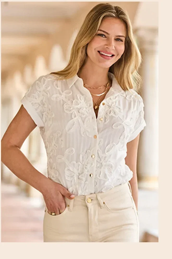 White Floral Embroidery Shirt