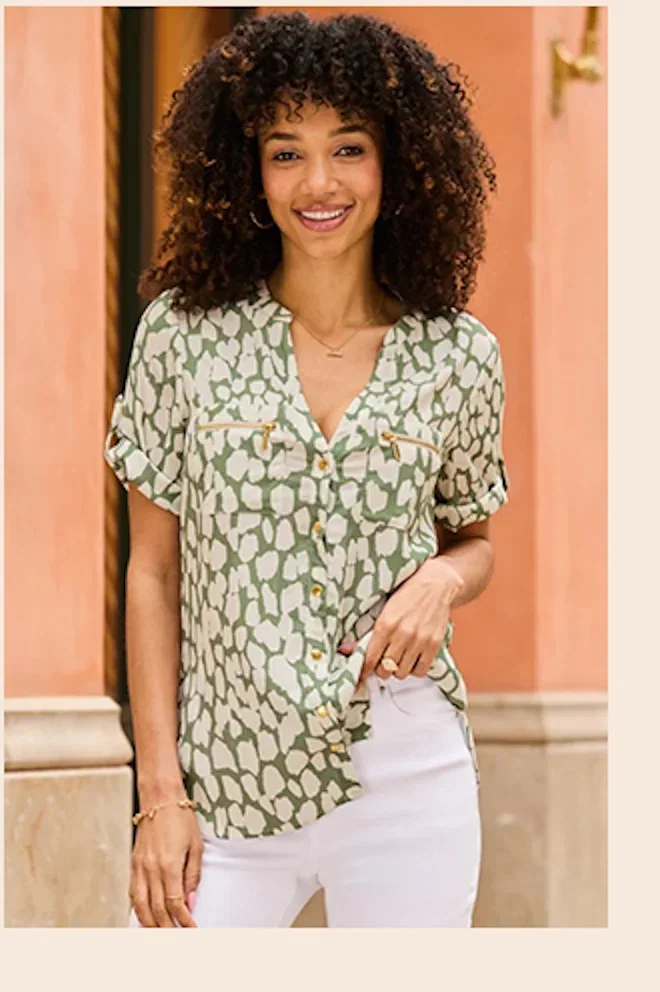 Khaki Green Morocco Print Button Front Tunic Top