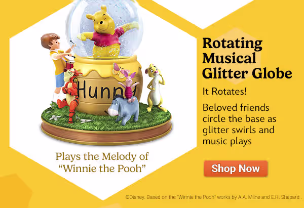 Rotating musical glitter globe plays the Winnie the Pooh melody as beloved friends circle the base