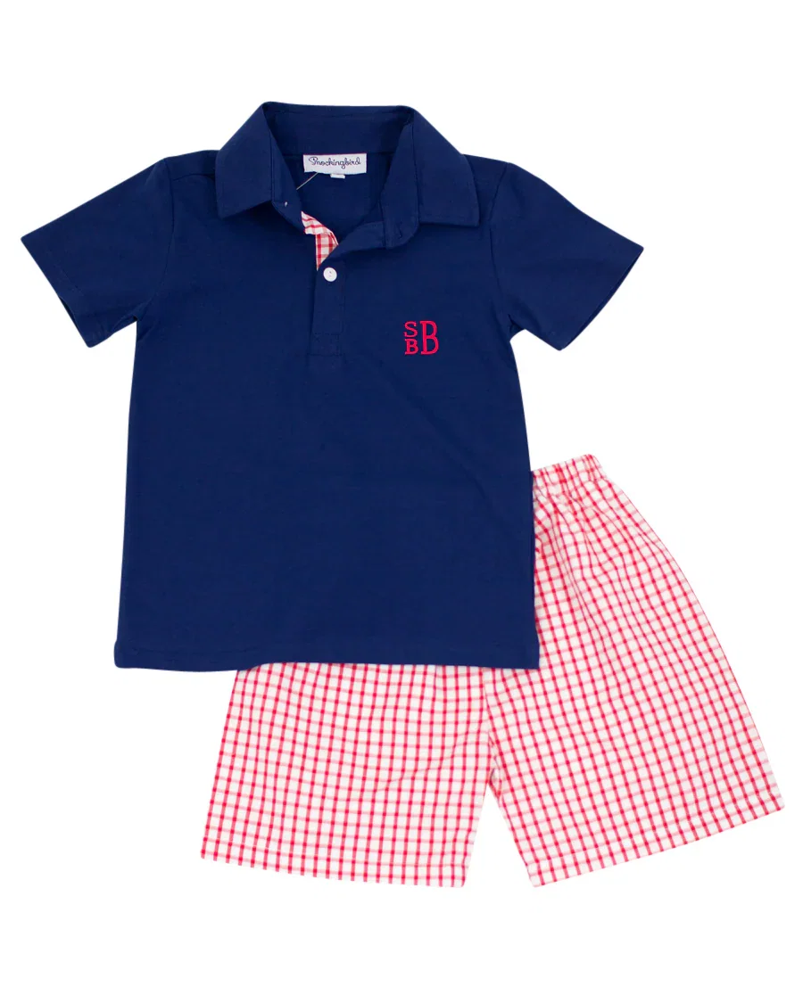 Image of Red Windowpane Shorts Set with Navy Shirt