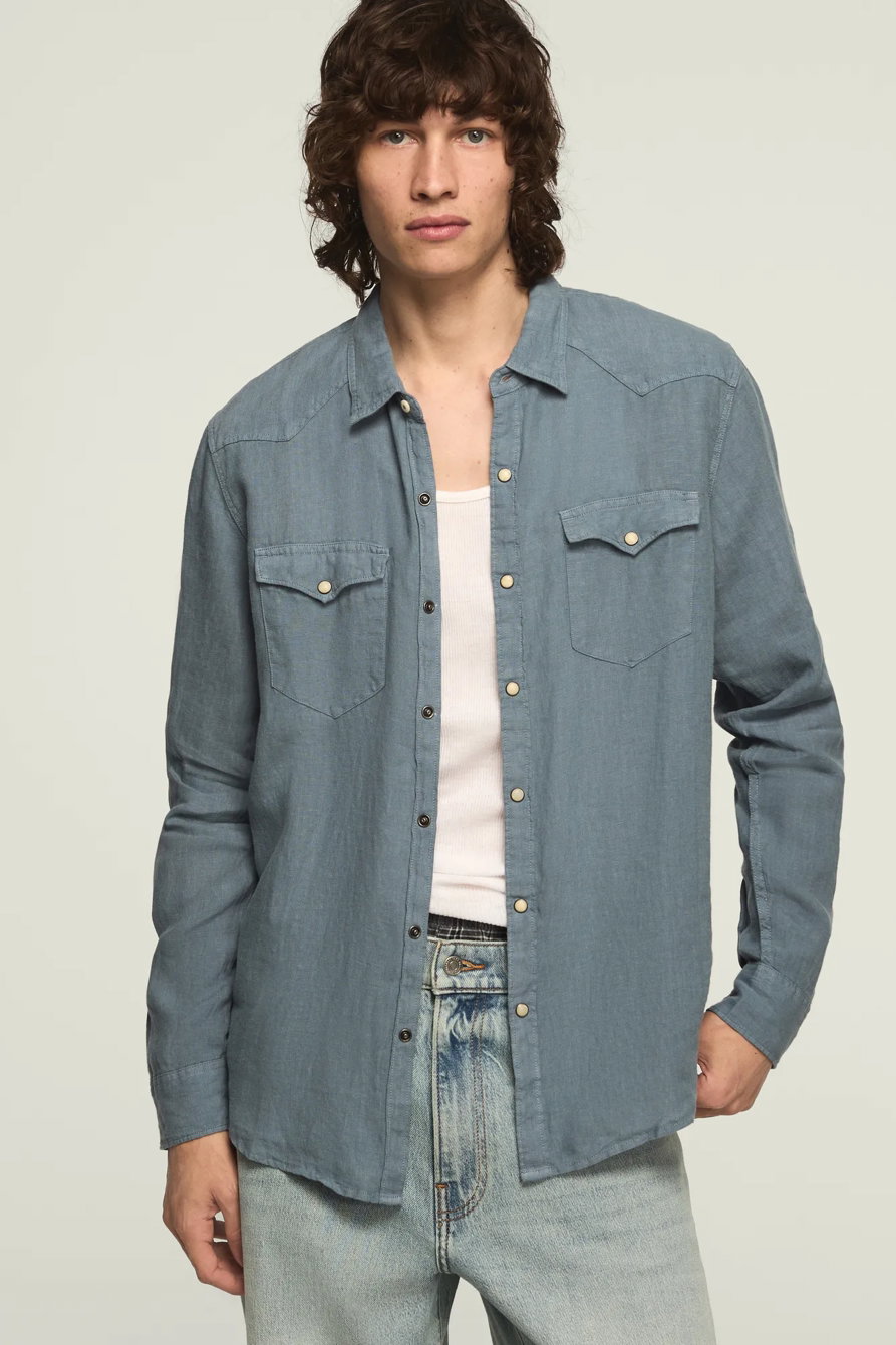Image of Lucky Brand Linen Long Sleeve Western Shirt - Men's Clothing Outerwear Shirt Jackets in Flint Stone
