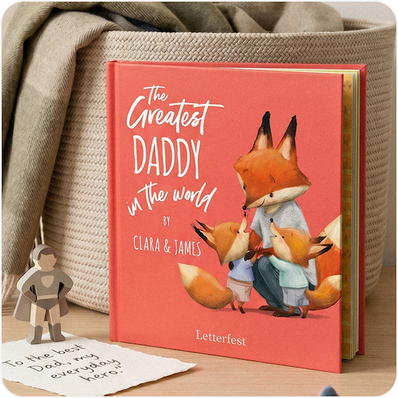 A personalised "Greatest Daddy in the World" book with a illustrated fox on the cover, displayed with a small soft toy