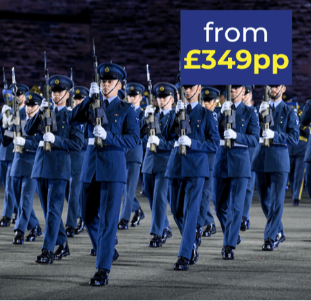 A group of uniformed soldiers marching in formation, holding rifles, with a promotional banner above.
