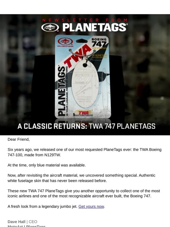 A Classic Returns: TWA 747 PlaneTags