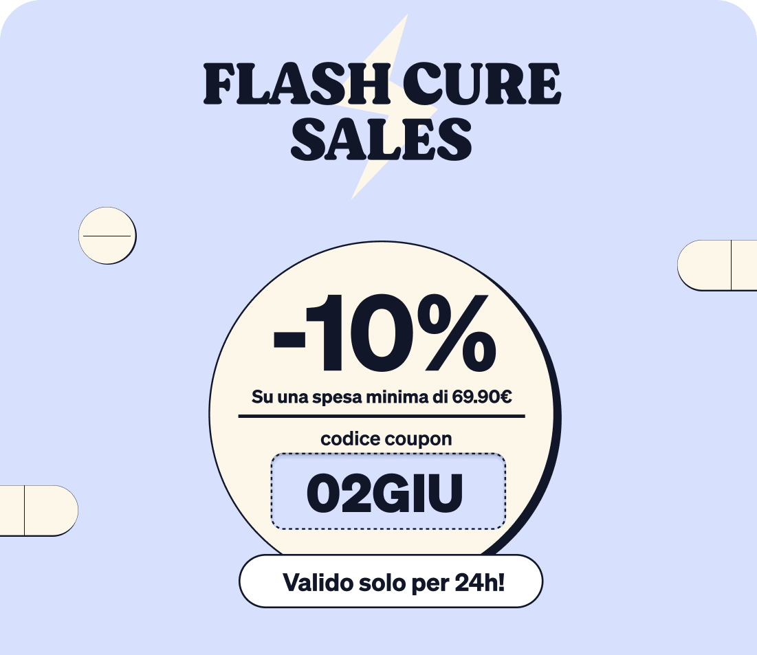 Repeating promotional pattern: 'FLASH CURE SALES' circular coupon showing -10% discount, coupon code 02GIU on pastel blue background with pill icons