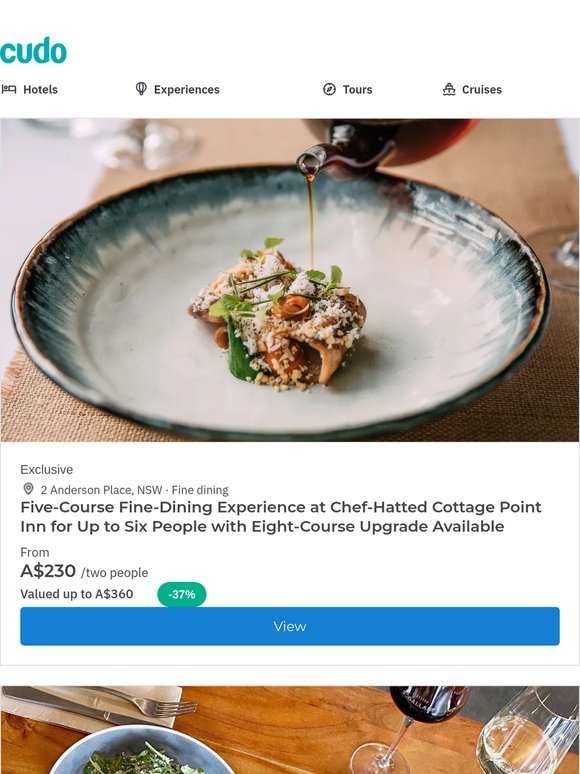 Our Top Experiences: 5-Course Fine-Dining at Chef-Hatted Cottage Point Inn in New South Wales, T'Gallant Winery Lunch on the Mornington Peninsula, Whale-Watching Cruise from Main Beach & More