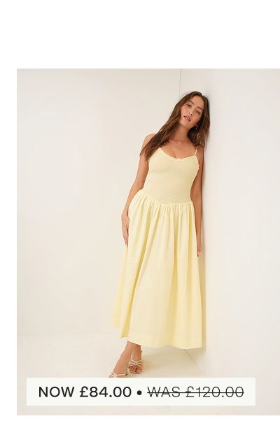 Butter Yellow Shirred Drop Waist Daisy Midi Dress