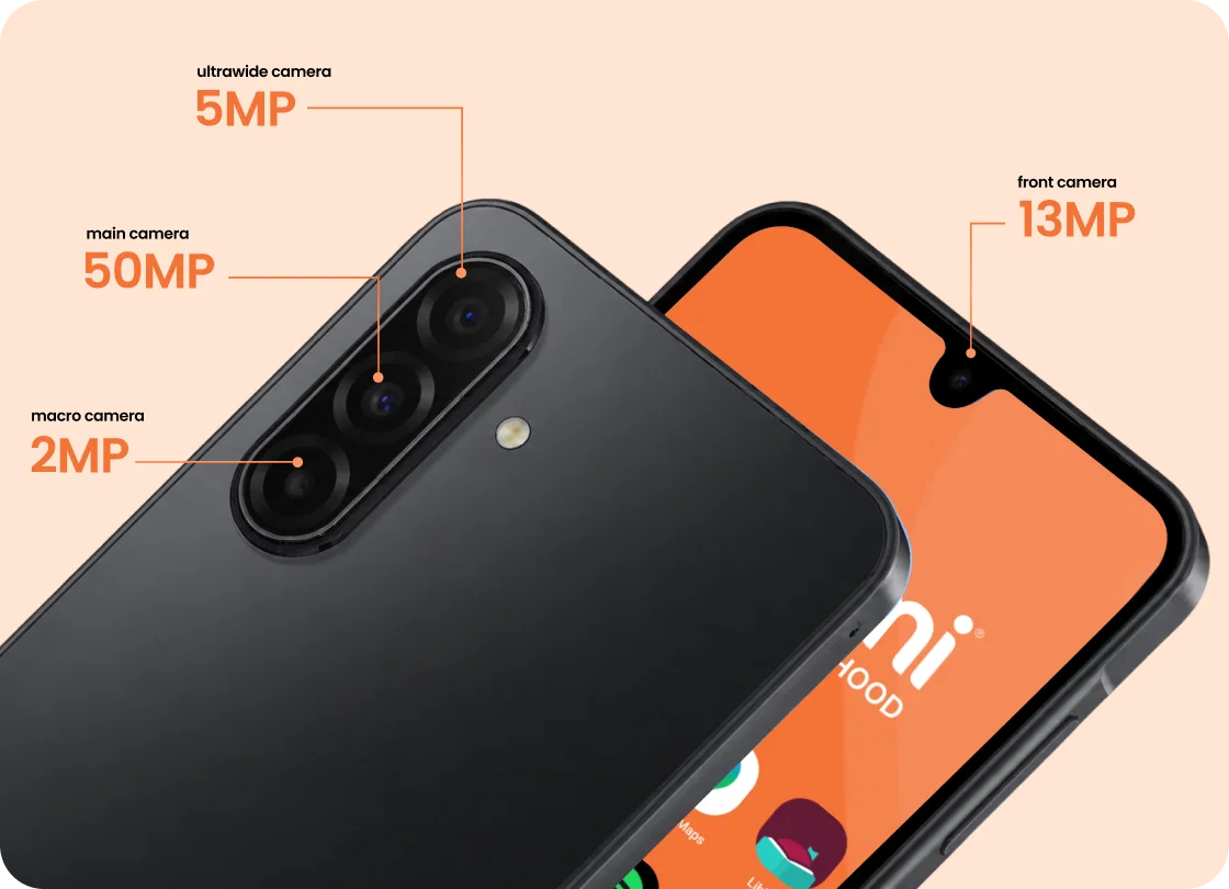 Ultrawide camera: 5MP. Main camera: 50MP. Micro camera: 2MP. Front Camera: 13MP.