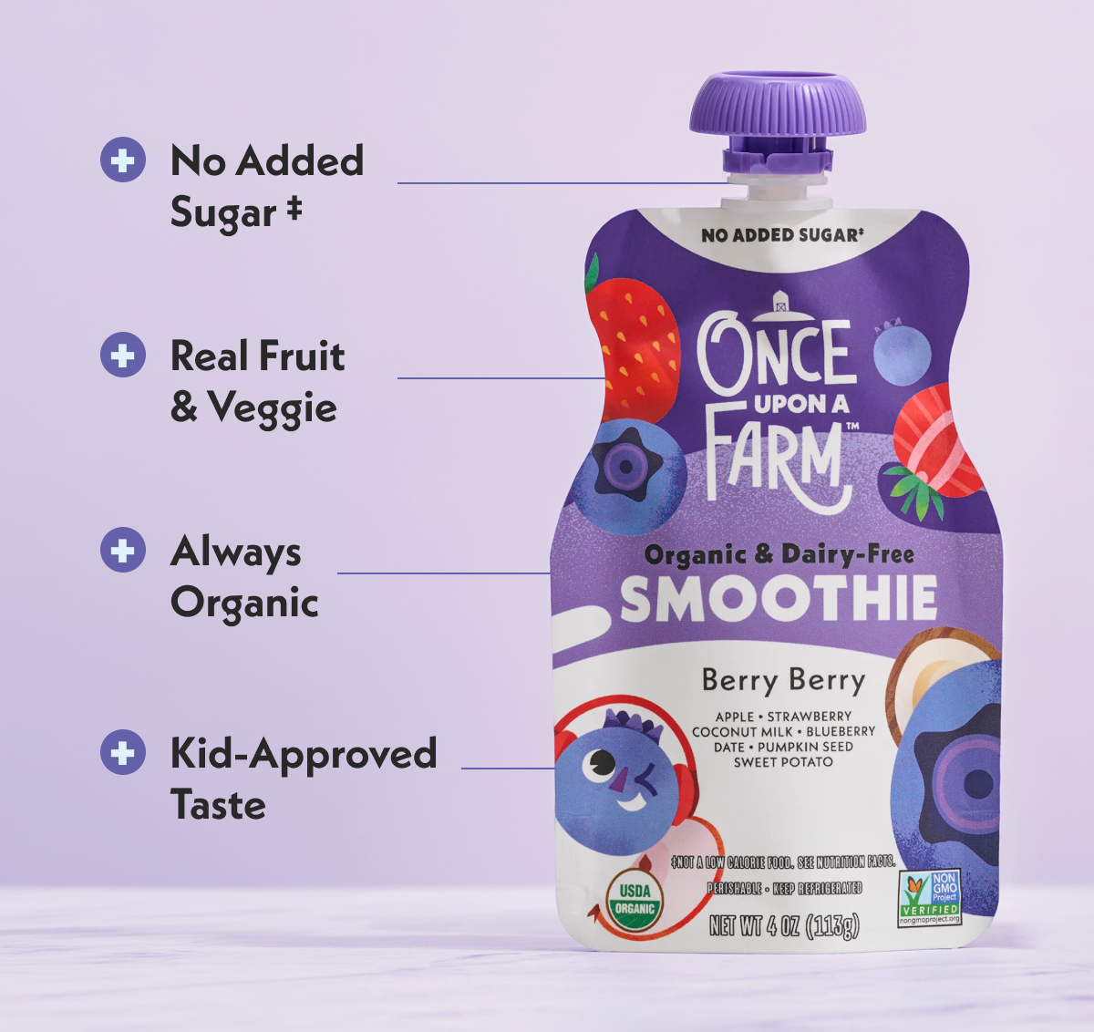 No Added Sugar, Real Fruit & Veggie, Always Organic, Kid-Approved