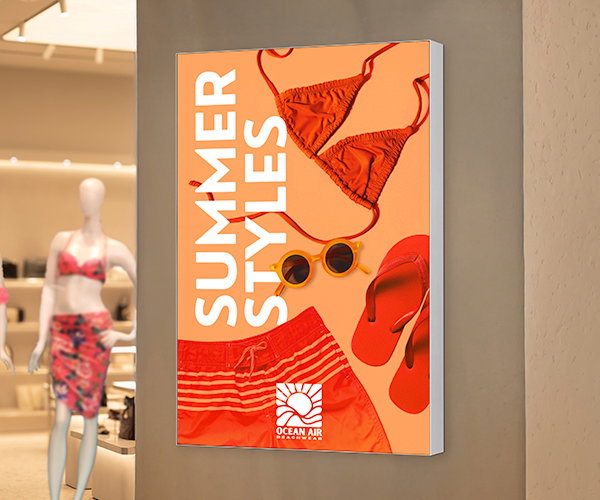 A large vertical silicone-edge sign mounted on a wall displays “Summer Styles” in bold white text over bright orange imagery of a bikini, sunglasses, and sandals, positioned inside a retail store near mannequins.