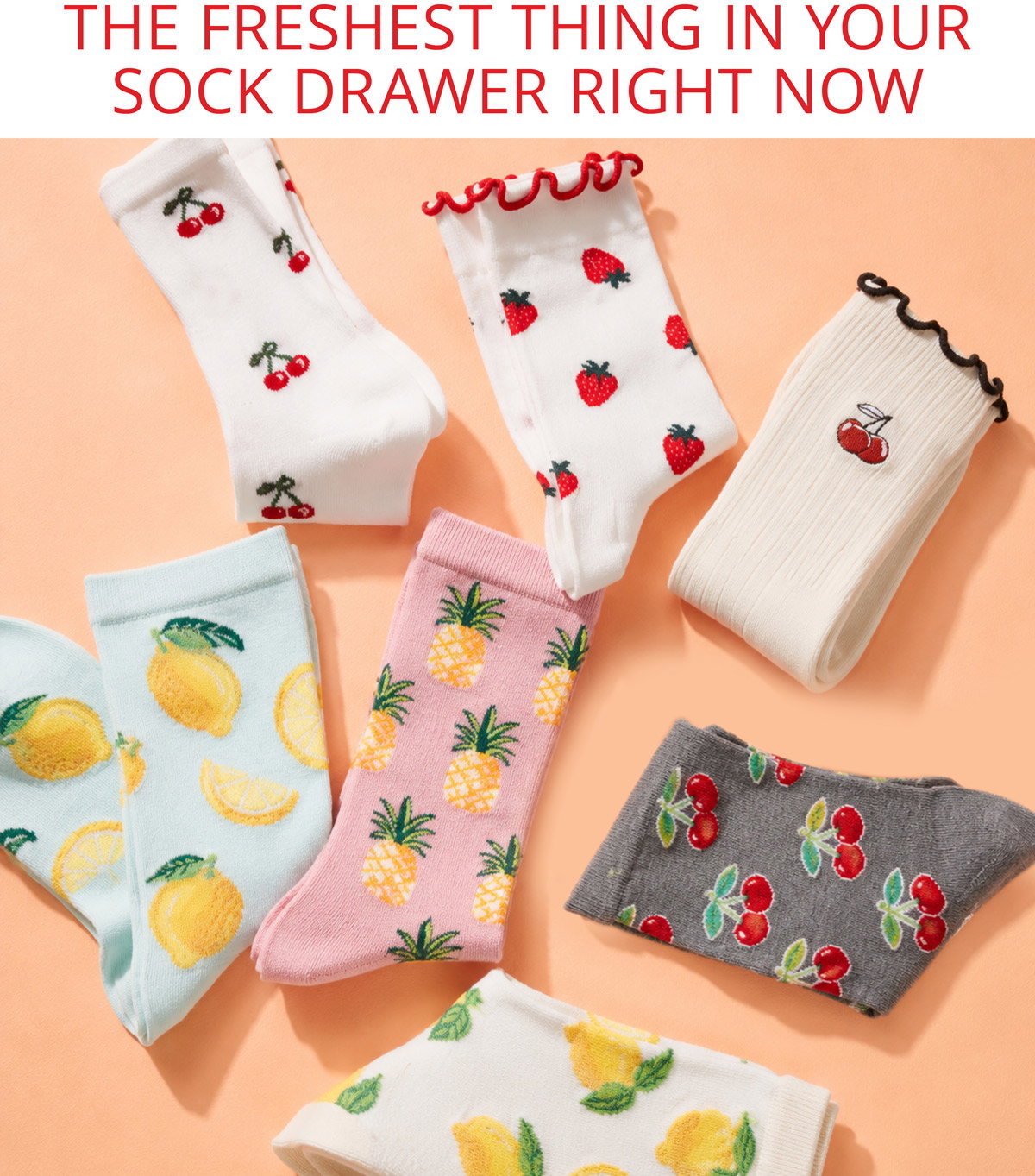 SUMMER FRUIT SOCKS, STRAWBERRY, LEMON, PINEAPPLE, CHERRY
