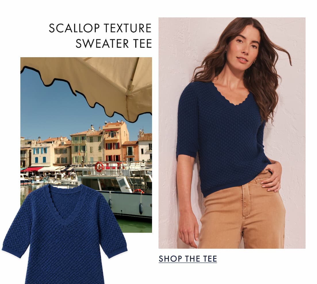 The lady wearing the Scallop Texture Sweater Tee. The image showcases beside a river with a boat and building, evoking an Italian summer vibe.