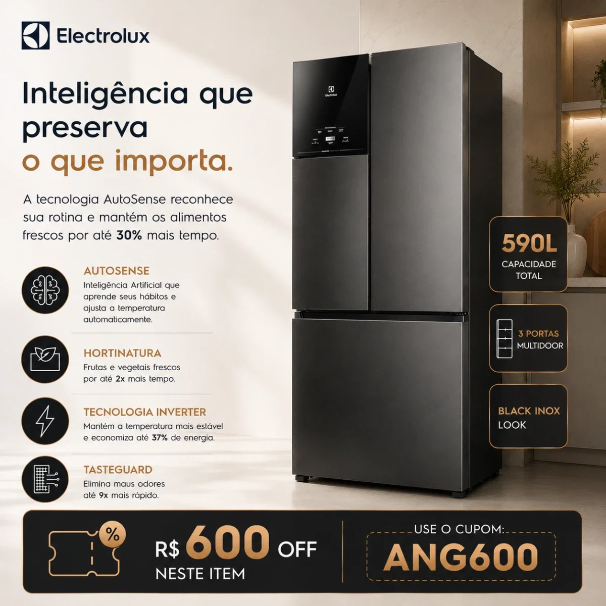 Geladeira Electrolux Frost Free Inverter 590L AutoSense 3 Portas Cor Black Inox Look