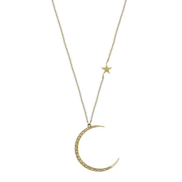 18K Gold Crescent Moon & Star Pendant with Diamonds
