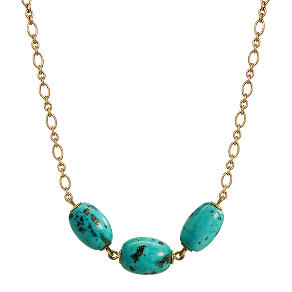 18K Gold Three Oval Persian Turquoise Beads on Chain