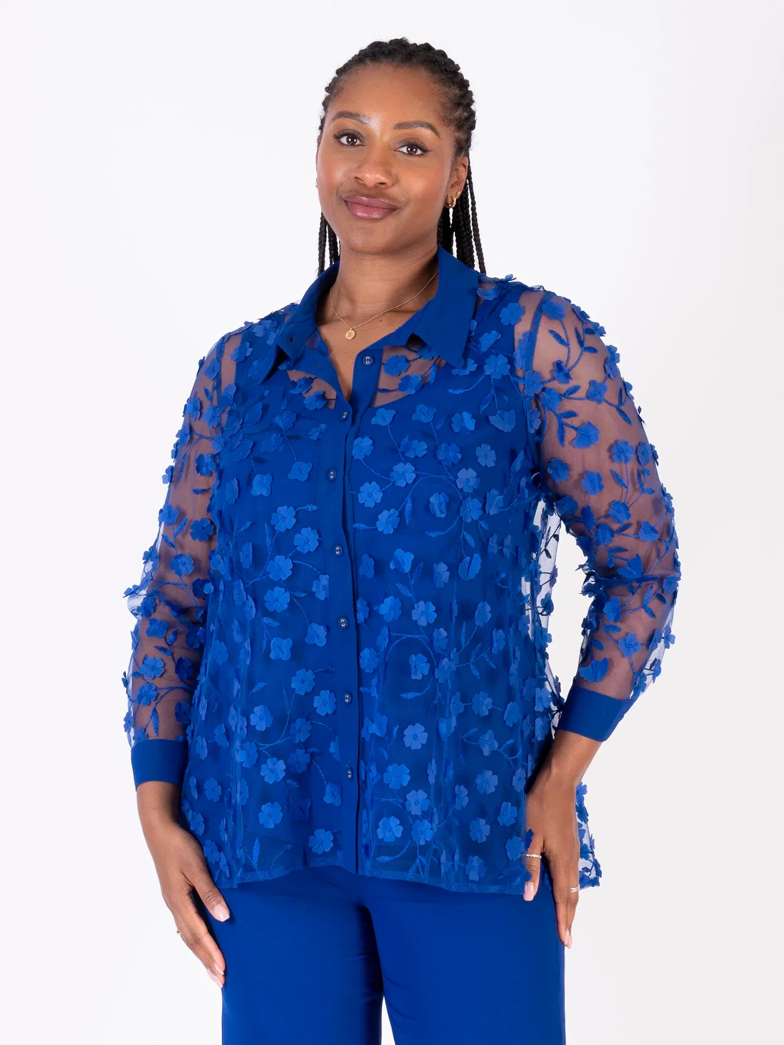 Image of Cobalt 3-D Daisy Embroidered Mesh Shirt with Chiffon Trim