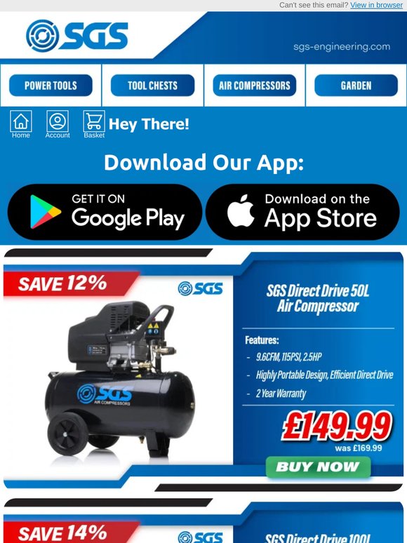🔥Double Deal Of The Day - SGS 50L & 100L Direct Drive Compressors Now £149.99 & £299.99🔥