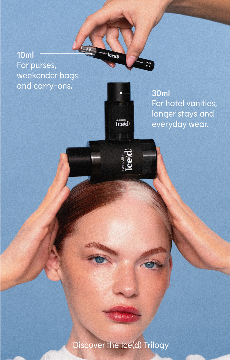 10ml: For purses, weekender bags and carry-ons. 30ml: For hotel vanities, longer stays and everyday wear. CTA: Discover the Ice(d) Trilogy