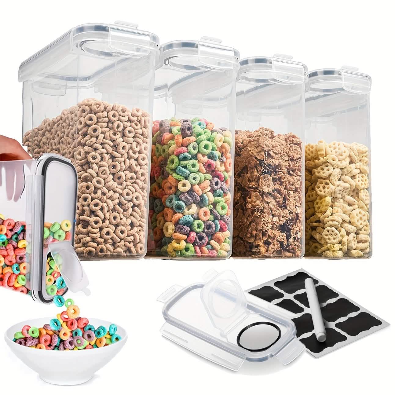Image of 4-Piece Set: Airtight Cereal Storage Containers with Pour Spouts & Measuring Cup – 4L Kitchen Pantry Organizer