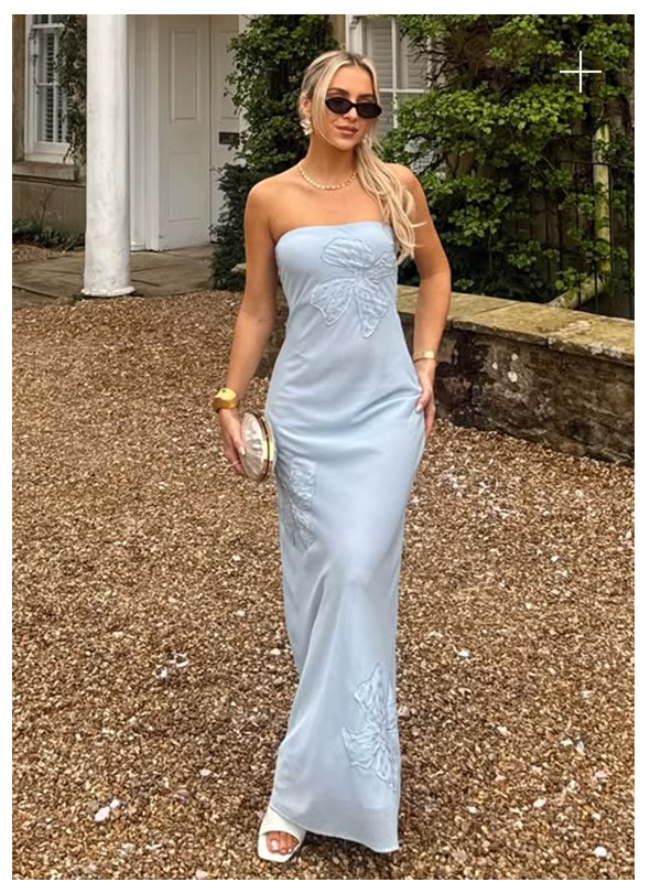 Sassafras Beaded Flower Strapless Maxi Dress — Blue 