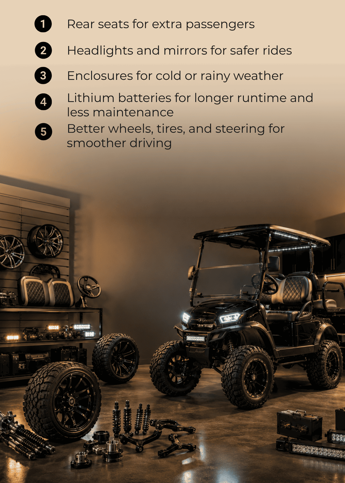 1. Rear seats for extra passengers  2. Headlights and mirrors for safer rides  3. Enclosures for cold or rainy weather  4. Lithium batteries for longer runtime and less maintenance  5. Better wheels, tires, and steering for smoother driving