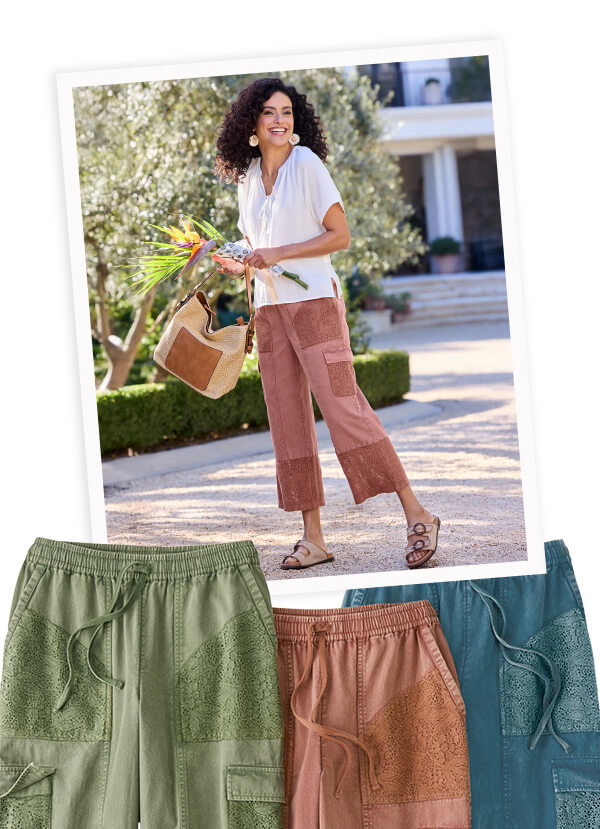 Crochet Trim Wide Leg Pull On Cargo Crops