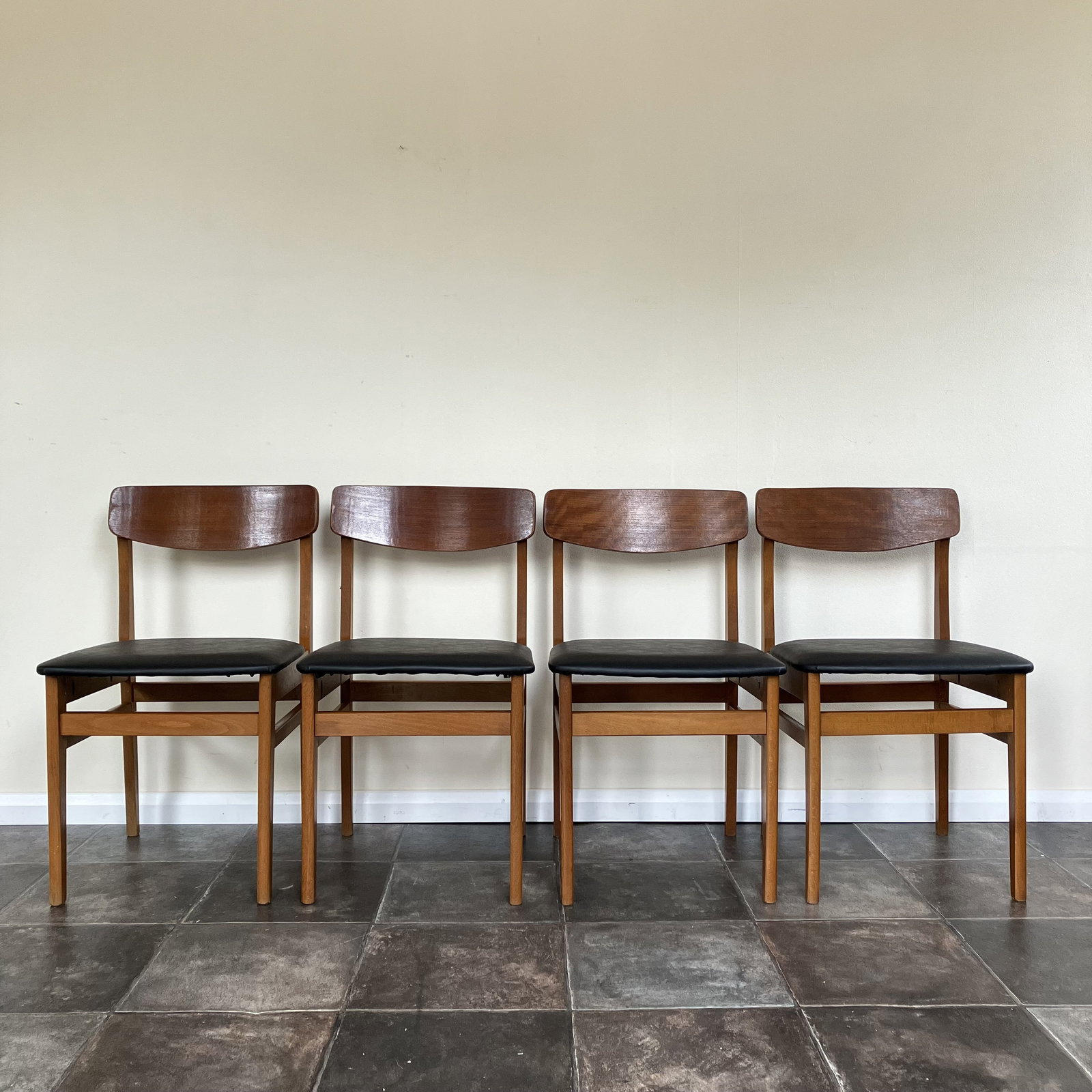 Mid Century Teak Dining Chairs By Ligna Of Czechoslovakia: Butterfly Backs, Reupholstered Black Vinyl Leatherette, Set Of 4, 1960's