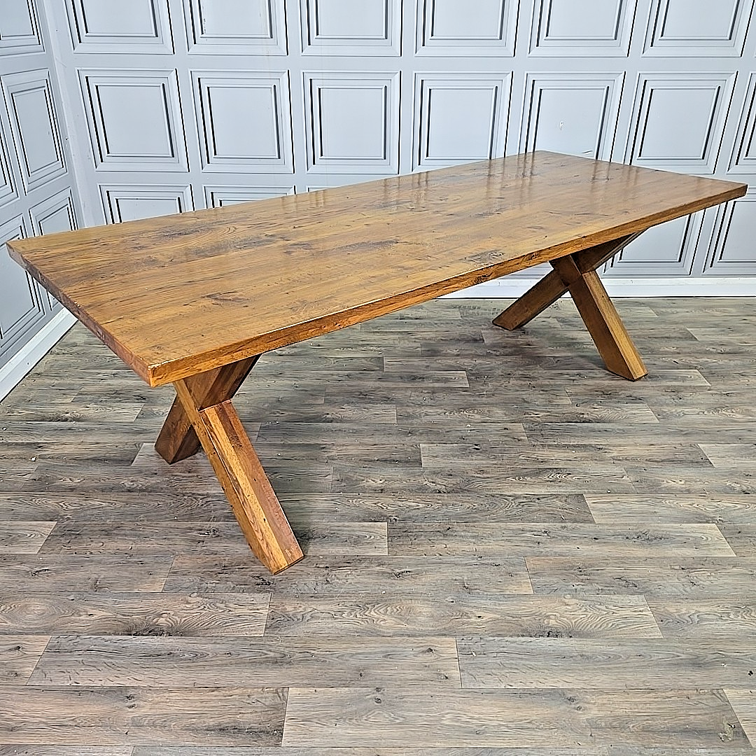 Large Refectory Dining Table Solid Oak Walnut Finish Rustic Farmhouse Wood