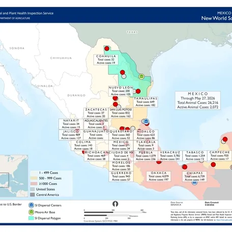 Map of current cases of New World screwworm along the U.S.-Mexico boarder as of Tuesday, June 1, 2026.