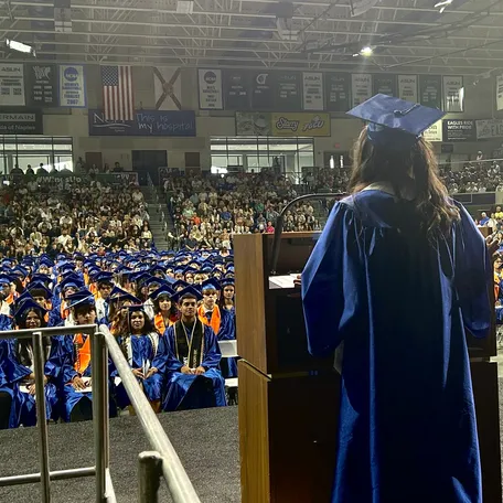 A Cape Coral High School graduating senior delivers a commencement speech at the school's graduation ceremony at Florida Gulf Coast University's Alico Arena in Fort Myers, Florida, on Saturday, May 30, 2026.