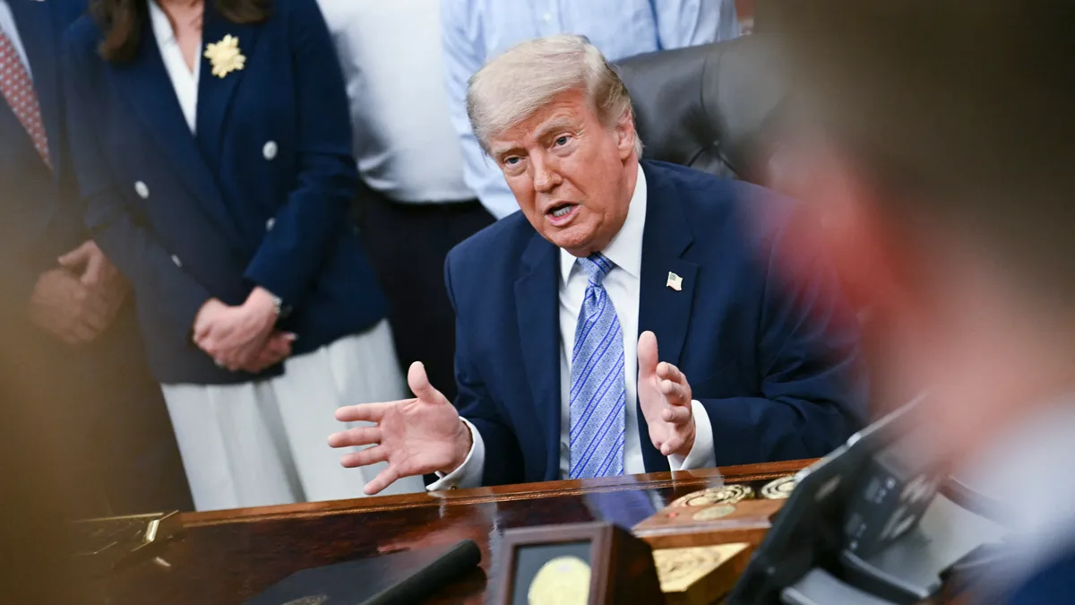 President Donald Trump speaks during an announcement with Environmental Protection Agency (EPA) Administrator Lee Zeldin in the Oval Office of the White House in Washington, DC on May 21, 2026.