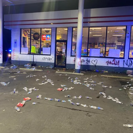 A peaceful protest on May 29, 2023, ended in a break-in and vandalism of the gas station convenience store owned by Chikei Rick Chow, who was acquitted of murder in the shooting death of 14-year-old Cyrus Carmack-Belton. This photo provided by the Richland County Sheriff's Department in 2023 shows the aftermath of the vandalism.
